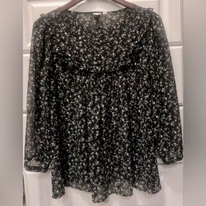 Gap Black Floral Bib Blouse - Sheer 3/4 Sleeve Top - Black - Size L EUC